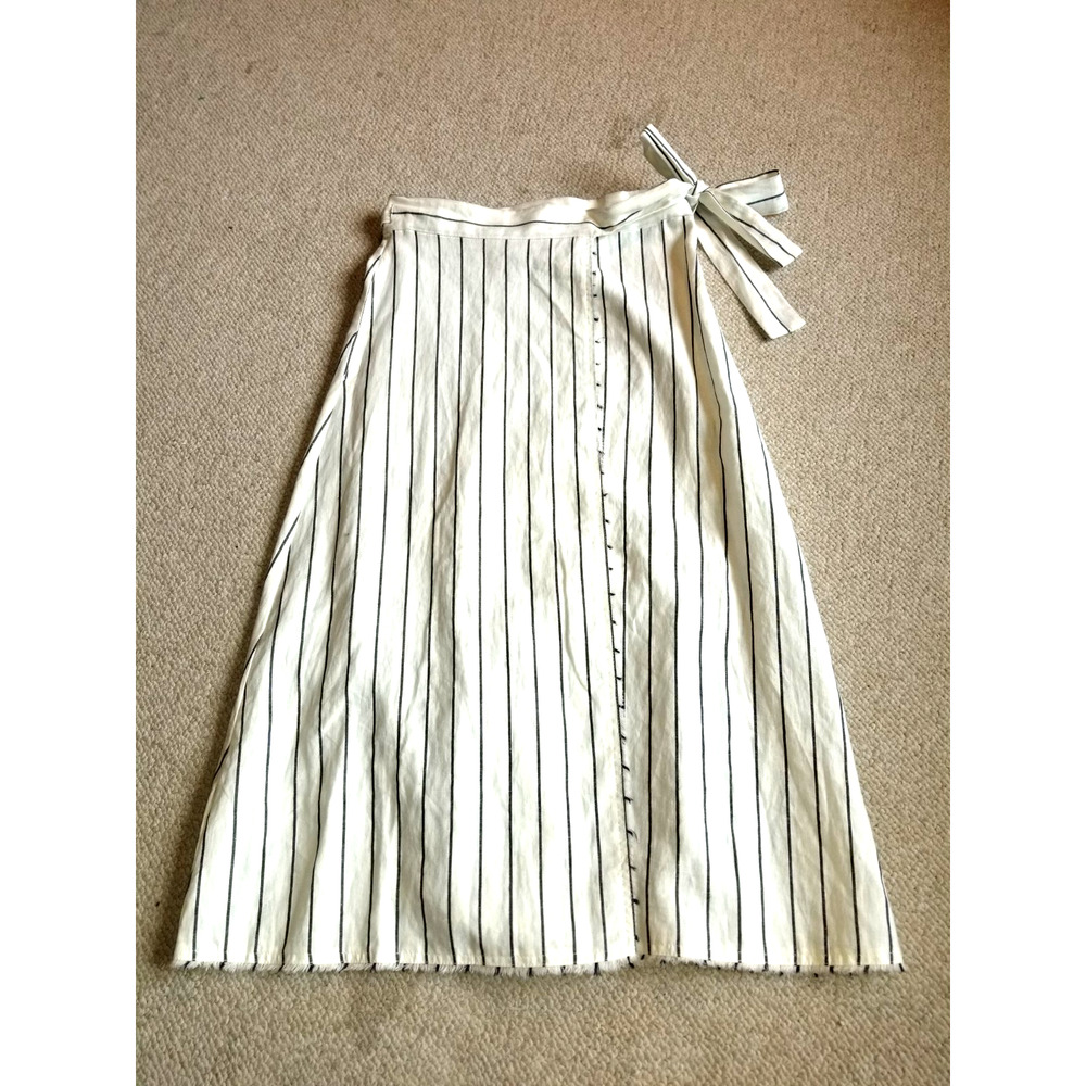 Womens Skirt-MANGO-ivory/navy stripe linen fringe trim wrap midi BOHO coastal-2